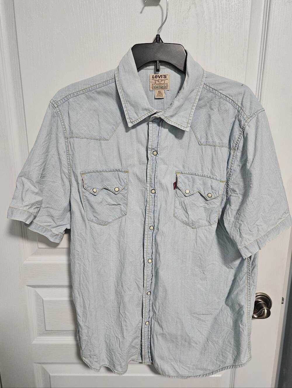 Vintage Levi's Denim Shirt Western Pearl Snap Faded Blue Cowboy Cotton Mens XL